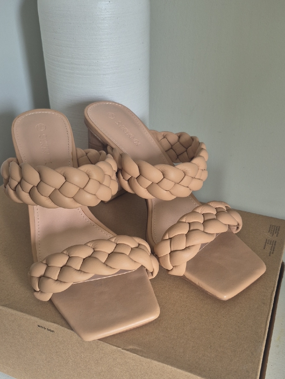 Braided Double-Strap Heel Slides in Nude
